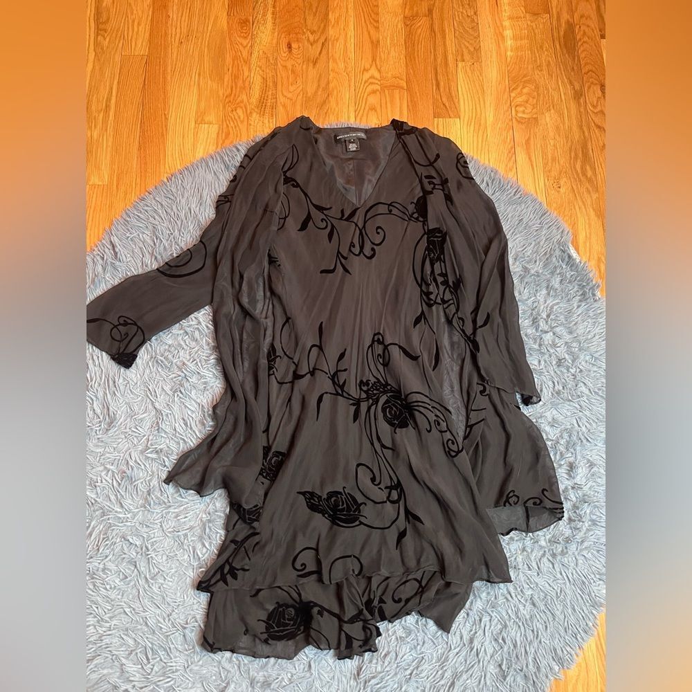 Jones New York Dress Attached Jacket Black Flocked Velvet Silk Size 12